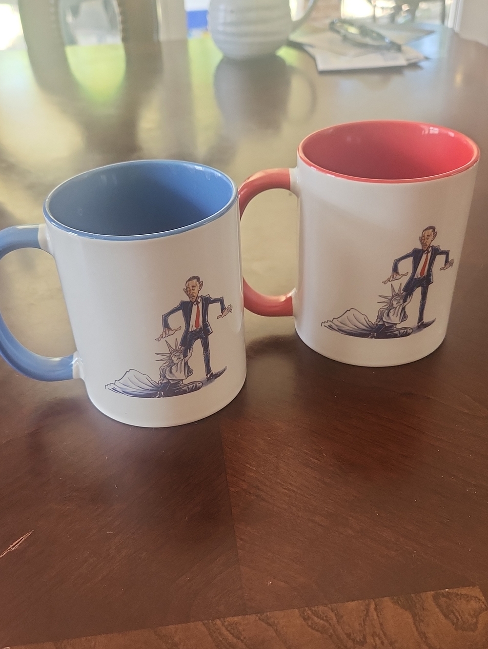 2 White Ceramic Mugs Pwith Blue or Pink Interior and Handle - Set of 2
